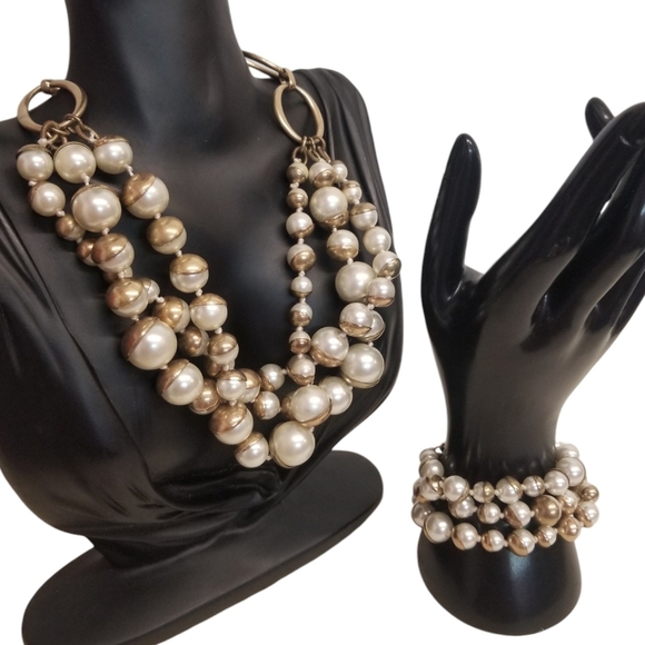 PLUNDER GOLDTONE & FAUX PEARL LAYERED STATEMENT NECKLACE & BRACELET SET - Picture 2 of 9